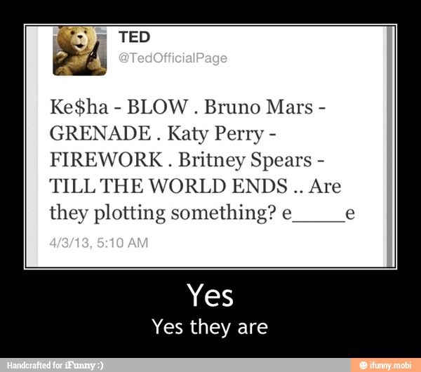 BLOW
Bruno Mars GRENADE. Katy Perry FIREWORK Britney Spears TILL THE WORLD ENDS Are
they plotting something? e__e
MES
Yes they are - Yes
Yes they are