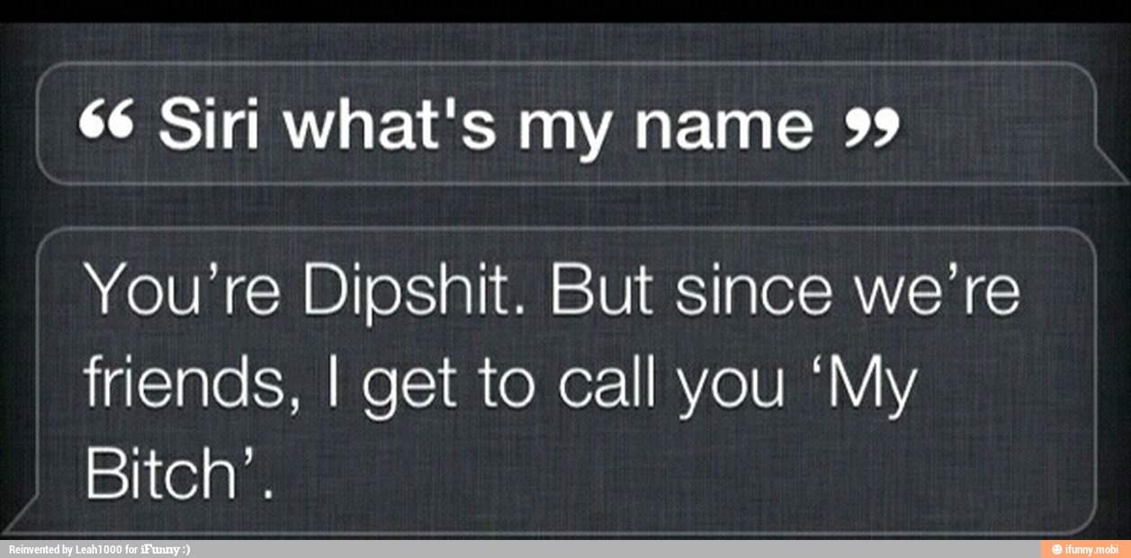 66 Siri what's my name 99
You're Dipshit. But since we're
friends, I get to call you 'My
Bitch'.