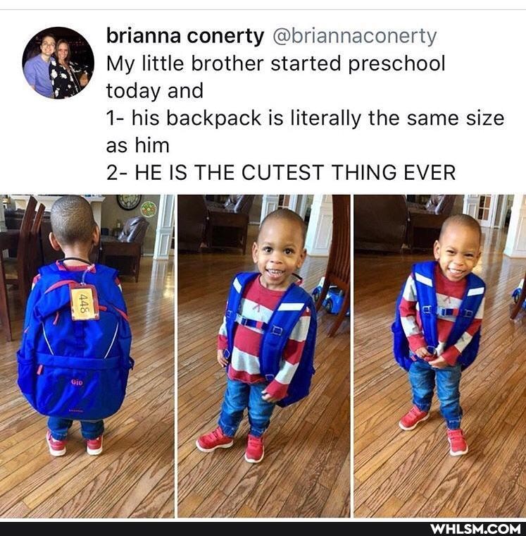 brianna conerty @briannaconerty
My little brother started preschool today and
1- his backpack is literally the same size as him
2- HE IS THE CUTEST THING EVER
