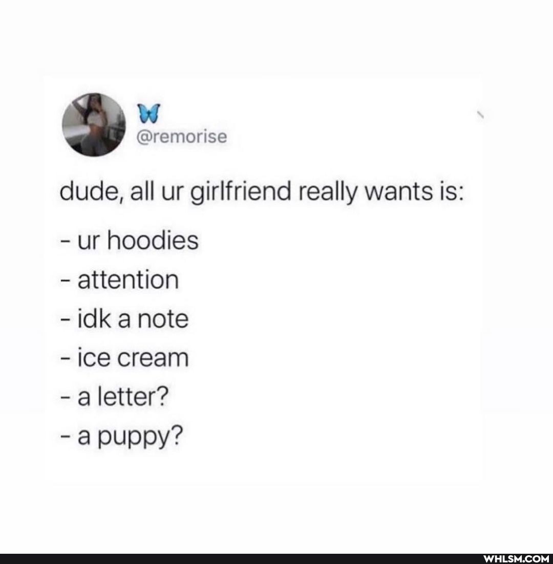 WWW
dude, all ur girlfriend really wants ts:
- ur hoodies attention
- idk a note
- ice cream
- letter?
puppy?