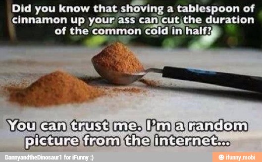 Did you know that shoving a tablespoon of
cinnamon up your' 'ass can) cutithe duration
of the common cold in'half?