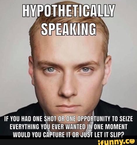 HYPOTHETICALLY
SPEAKING
IF YOU HAD ONE EVERYTHING SHOT OF ONE PPORTUNITY TO SEIZE EVERYTHING YOU EVER WANTED IN ONE MOMENT WOULD YOU CAPTURE IT OR JUST LET IT SLIP?
