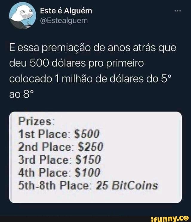 Este é Alguém
(QEstealguem
essa premiação de anos atrás que deu 500 dólares pro primeiro colocado 1 milhão de dólares do ao
Prizes:
Place: 5500
Place: $250
Place: $150
Place: $100
Place: 26