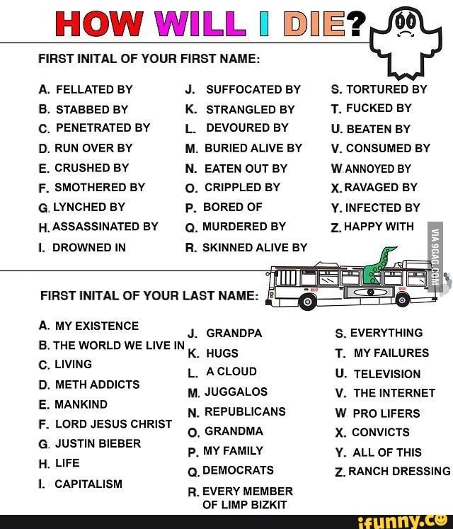 How Will Die First Inital Of Your First Name A Fellated By B Stabbed By C Penetrated By D Run Over By E Crushed By F Smothered By G Lynched By H Assassinated