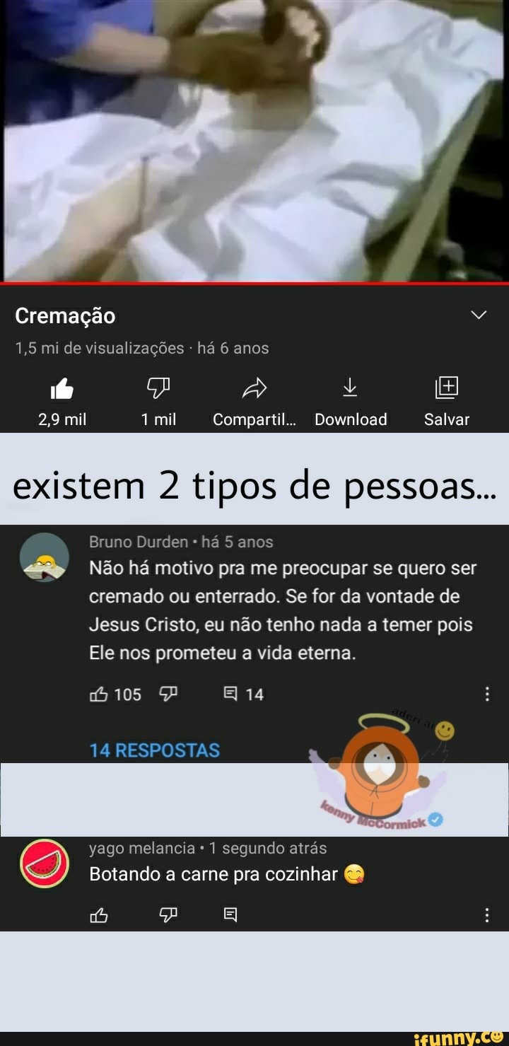 Cremação
1,5 mi de visualizações - há 6 anos
2,9 mil 1 mil Compartil.. Download Salvar
existem 2 tipos de pessoas...
Bruno Durden há 5 anos
Não há motivo pra me preocupar se quero ser cremado ou enterrado. Se for da vontade de
Jesus Cristo, eu não tenho nada a temer pois
Ele nos prometeu a vida eterna.
105 14
14 RESPOSTAS
yago melancia 1 segundo atrás
Botando a carne pra cozinhar &
PR