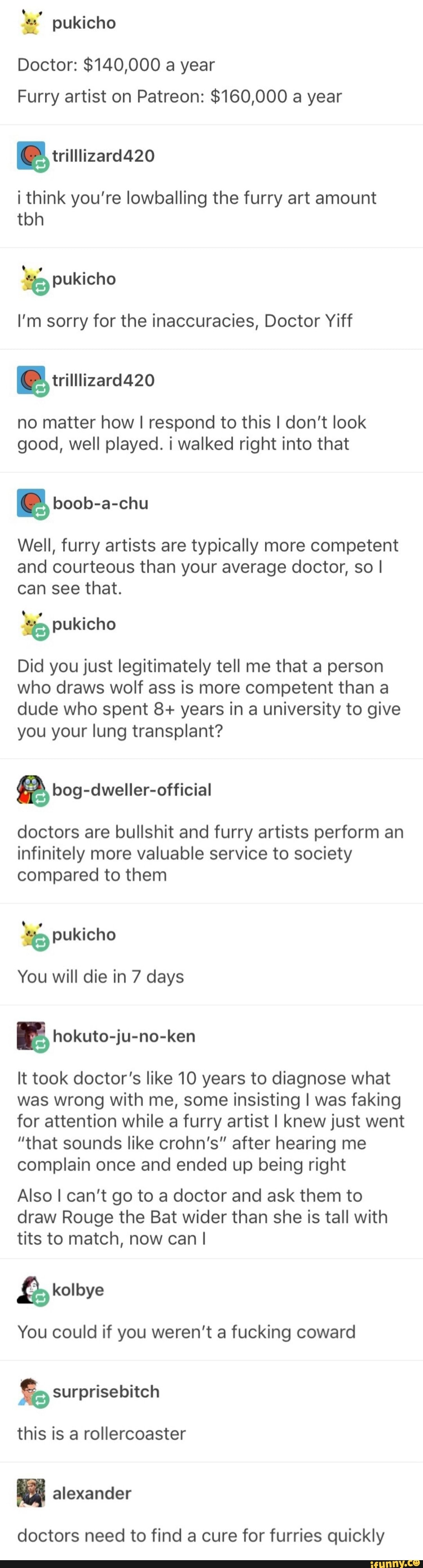 Pukicho Doctor: $140,000 a year Furry artist on Patreon: $160,000 a year i  think you're
