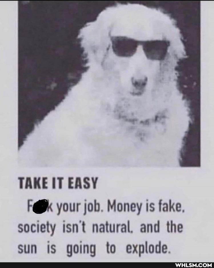 TAKE IT EASY
F@ your job. Money is fake, society isn't natural, and the sun is going to explode.