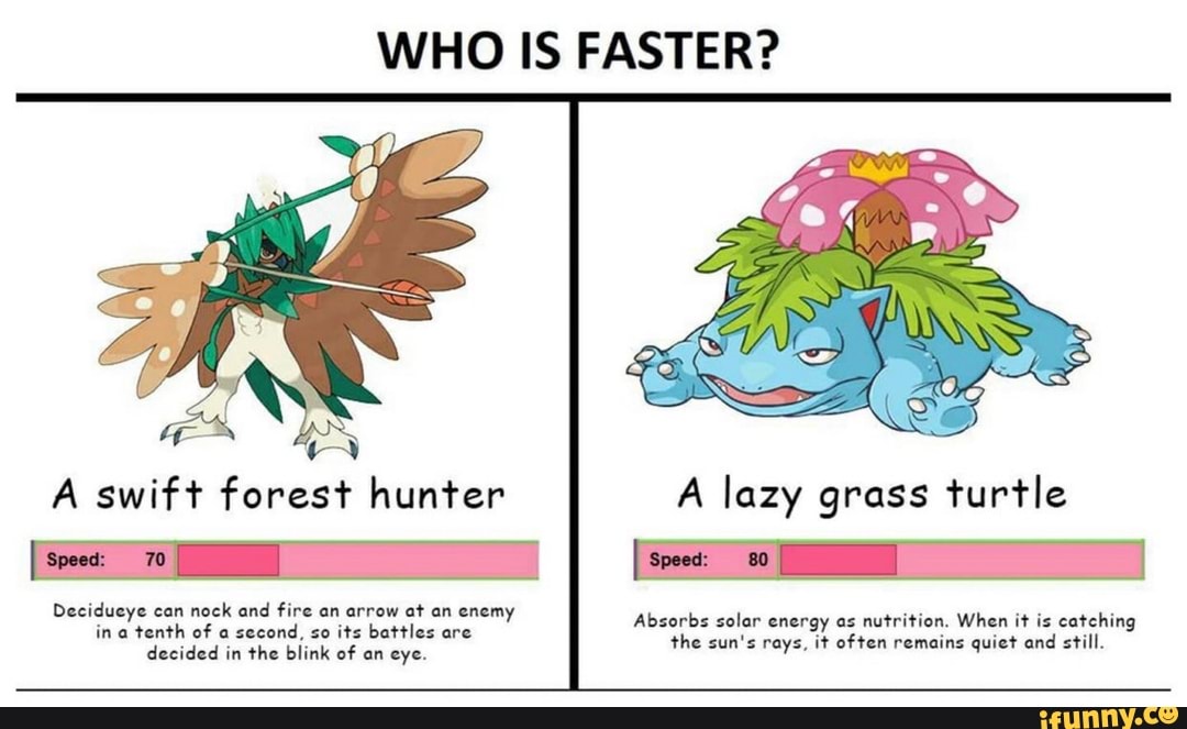 WHO IS FASTER?
A swift forest hunter
Decidueye can neck and fire an arrow at an enemy in a tenth of a second, so its battles are decided in the blink of an eye.
A lazy grass turtle
Absorbs solar energy as nutrition. When it is catching the sun's rays, it often remains quiet and still.