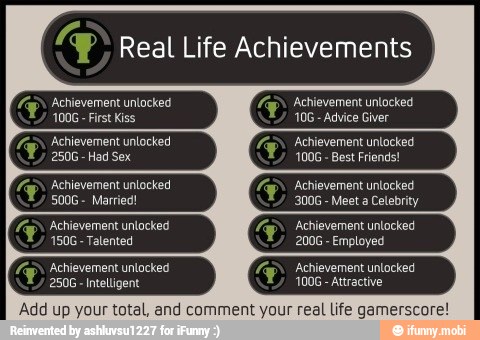 7 Real Life Achievements
Add up your total, and comment your real life gamerscore!