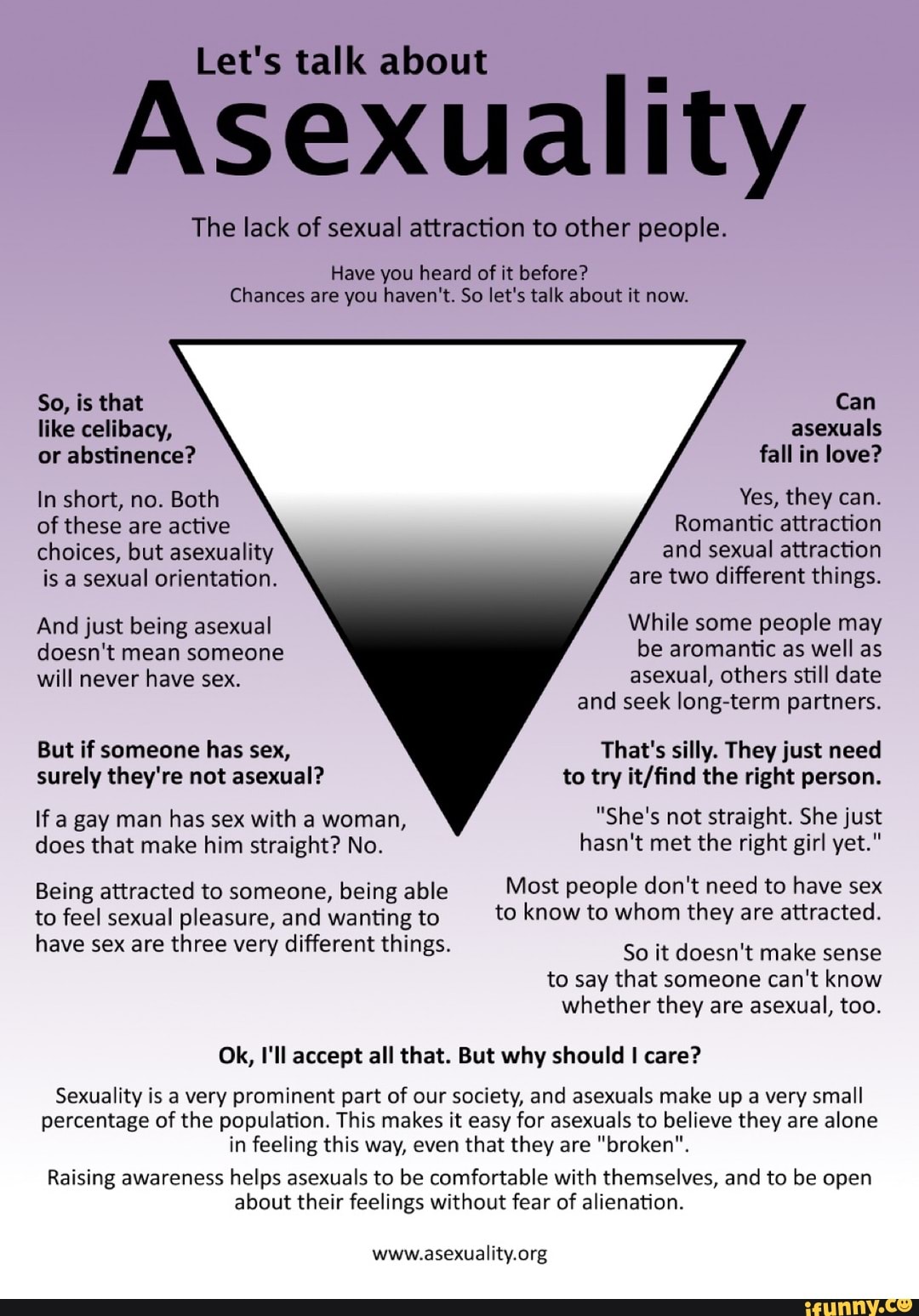 Let's talk about
Asexualit
The lack of sexual attraction to other people.
Have you heard of it before?
Chances are you haven't. So let's talk about it now.
Romantic attraction
and sexual attraction
of these are active
choices, but asexuality
While some people may
be aromantic as well as
long-term partners.
And just being asexual
doesn't mean someone
That's silly. They just need
to try it/find the right person.
But if someone has sex,
surely they're not asexual?
If a gay man has sex with a woman, "She's not straight. She just
does that make him straight? No. hasn't met the right girl yet."
Being attracted to someone, being able Most people don't need to have sex
to feel sexual pleasure, and wanting to to know to whom they are attracted.
have sex are three very different things. Sartdocen'cmatelcence
to say that someone
can't know
whether they are asexual, too.
Ok, I'll accept all that. But why should I care?
Sexuality is a very prominent part of our society, and asexuals make up a very small
percentage of the population. This makes it easy for asexuals to believe they are alone
in feeling this way, even that they are "broken".
Raising awareness
helps asexuals to be comfortable with themselves, and to be open
about their feelings without fear of alienation.
www.asexuality.org