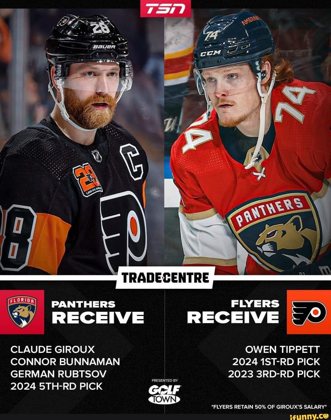 PANTHERS RECEIVE CLAUDE GIROUX CONNOR BUNNAMAN GERMAN RUBTSOV 2024 5TH