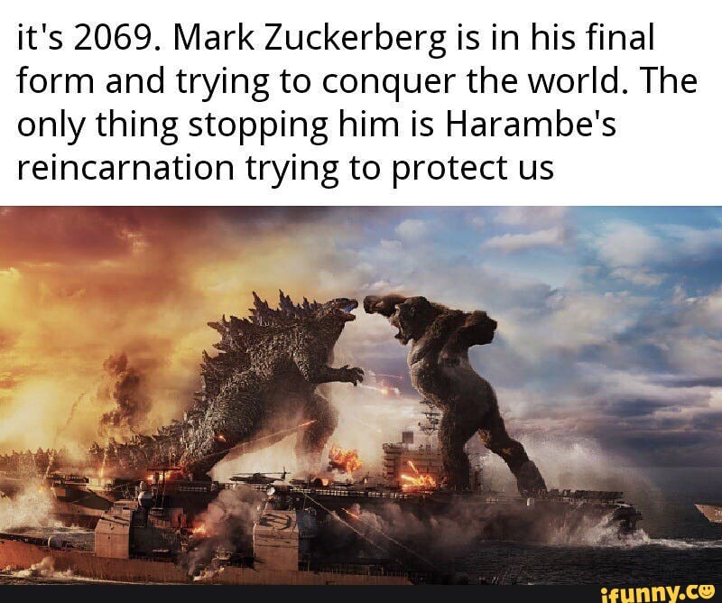 it's 2069. Mark Zuckerberg is in his final form and trying to conquer the world. The only thing stopping him is Harambe's reincarnation trying to protect us
ag