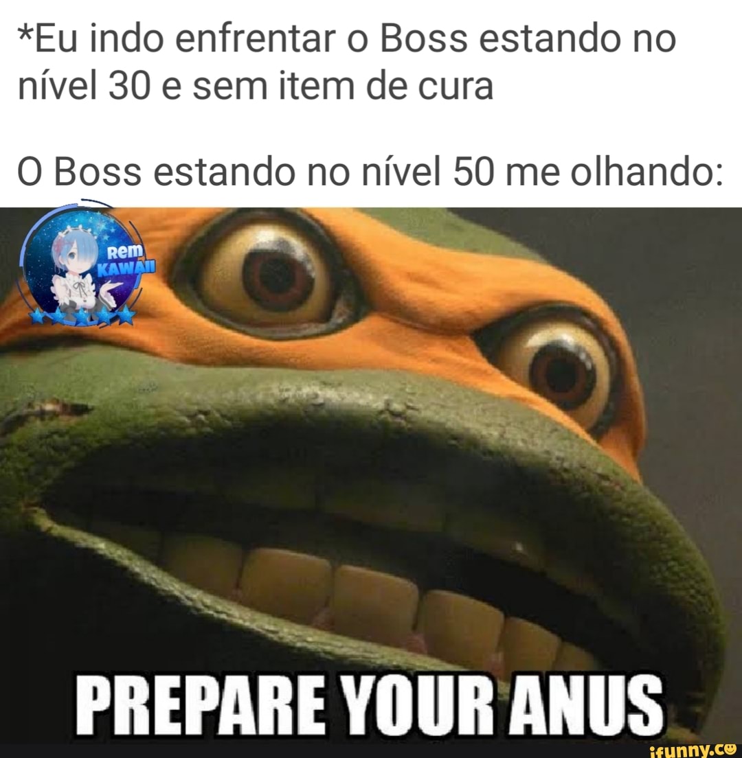 *Eu indo enfrentar o Boss estando no
nível 30 e sem item de cura
O Boss estando no nível 50 me olhando:
PREPARE YOUR ANUS