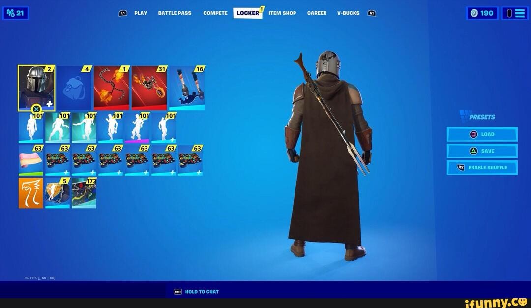 PLAY BATTLEPASS CORIPETE LOCKER IVEM GAREER Y-BUCKS
60 FPS [I 60
PRESETS
SAVE ENQBLE SNUEELE