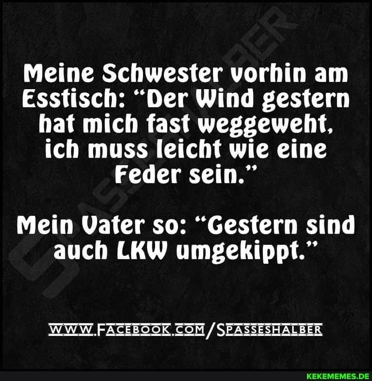 Meine Schwester vorhin am
Esstisch: "Der Wind gestern hat mich fast weggeweht, ich muss leicht wie eine
Feder sein."
Mein Vater so: "Gestern sind auch LKW umgekippt."
WWW SEASSESHALBER