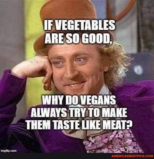 iF VEGETABLES.
ARE GO0D,
WHY VEGANS TRY TO MAE THEM TASTE UKE MEAT?