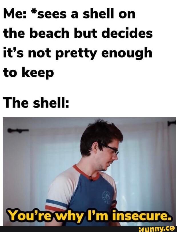Me: *sees a shell on the beach but decides it's not pretty enough to keep
The shell:
You're,why I'm insecure.