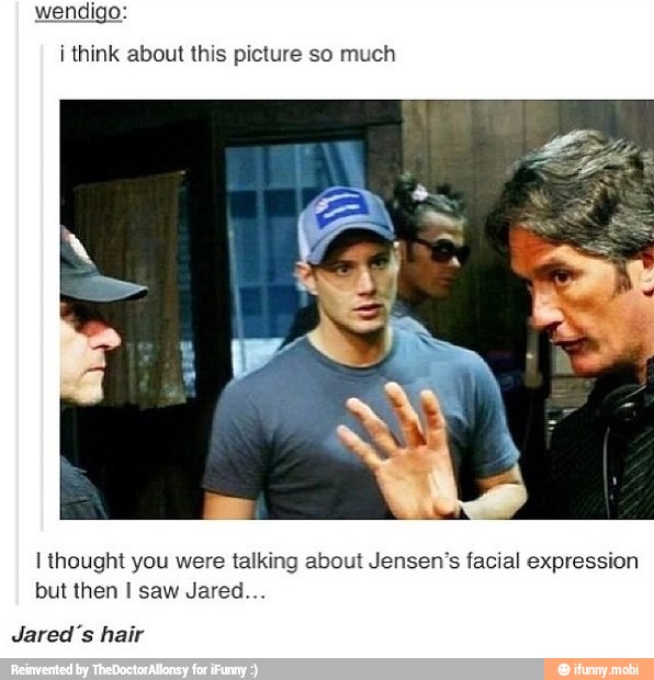 igo:
i think about this picture so much
I thought you were talking about Jensen's facial expression
but then I saw Jared...
Jared's hair