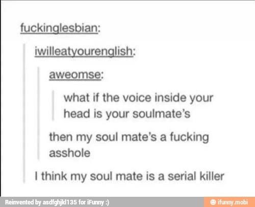fuckinglesbian:
iwill ish:
aweomse:
what if the voice inside your
head is your soulmate's
then my soul mate's a fucking
asshole
I think my soul mate is a serial killer