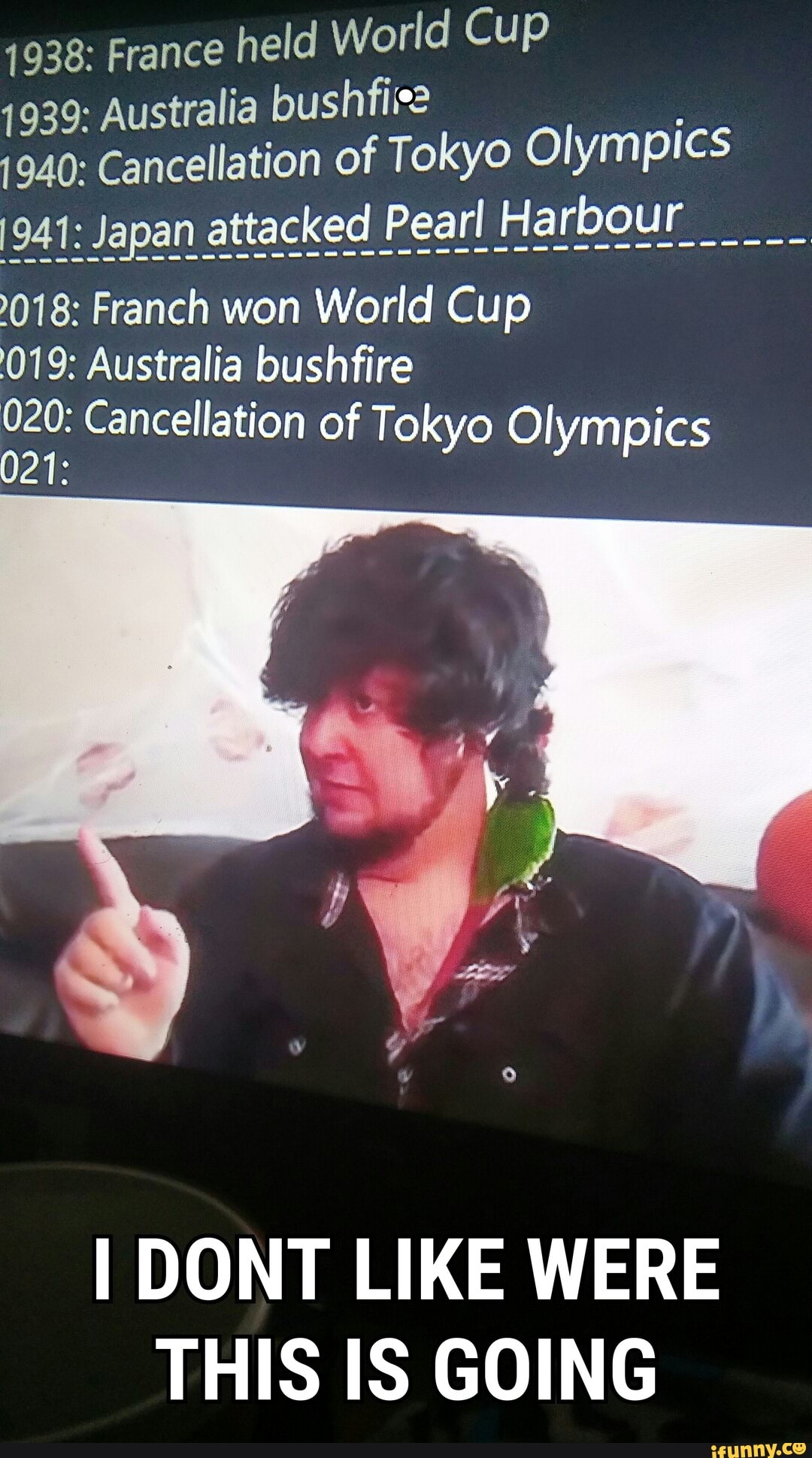 1938: France
held World Cup
1939: Australia bushfive
1940: Cancellation of Tokyo Olympics
a
018: Franch won World Cup
E Australia bushfire
a
ancellation of Tokyo Olympics
I DONT LIKE WERE
THIS IS GOING
