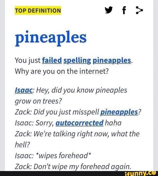 TOP DEFINITION y of pineaples You just failed spelling pineapples. Why are you on the
