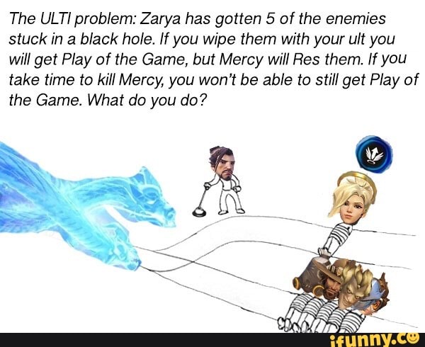 The ULTI problem: Zarya has gotten 5 of the enemies
stuck in a black hole. If you wipe them with your UK you
will get Play of the Game, buf Mercy will Res them, If you
take time to kill Mercy, you won‘t be able to still get Play of
the Game. What do you do?
