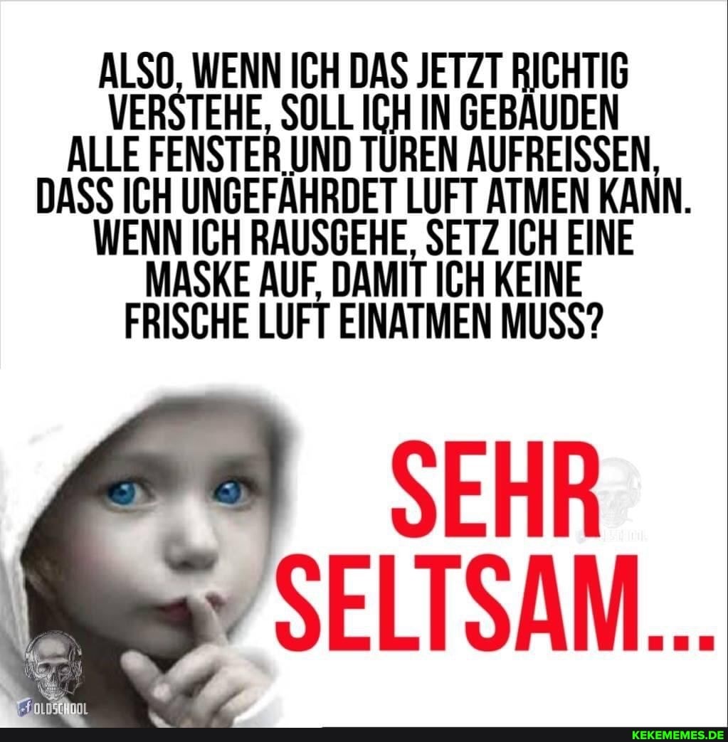 ALSO, WENN ICH DAS JETZT RICHTIG VERSTEHE, SOLL IGH IN GEBÄUDEN ALLE FENSTER UND TÜREN AUFREISSEN,
DASS ICH UNGEFÄHRDET LUFT ATMEN KANN.
WENN ICH RAUSGEHE, SETZ ICH EINE MASKE AUF, DAMIT ICH KEINE FRISCHE LUFT EINATMEN MUSS?
SELTSAM...