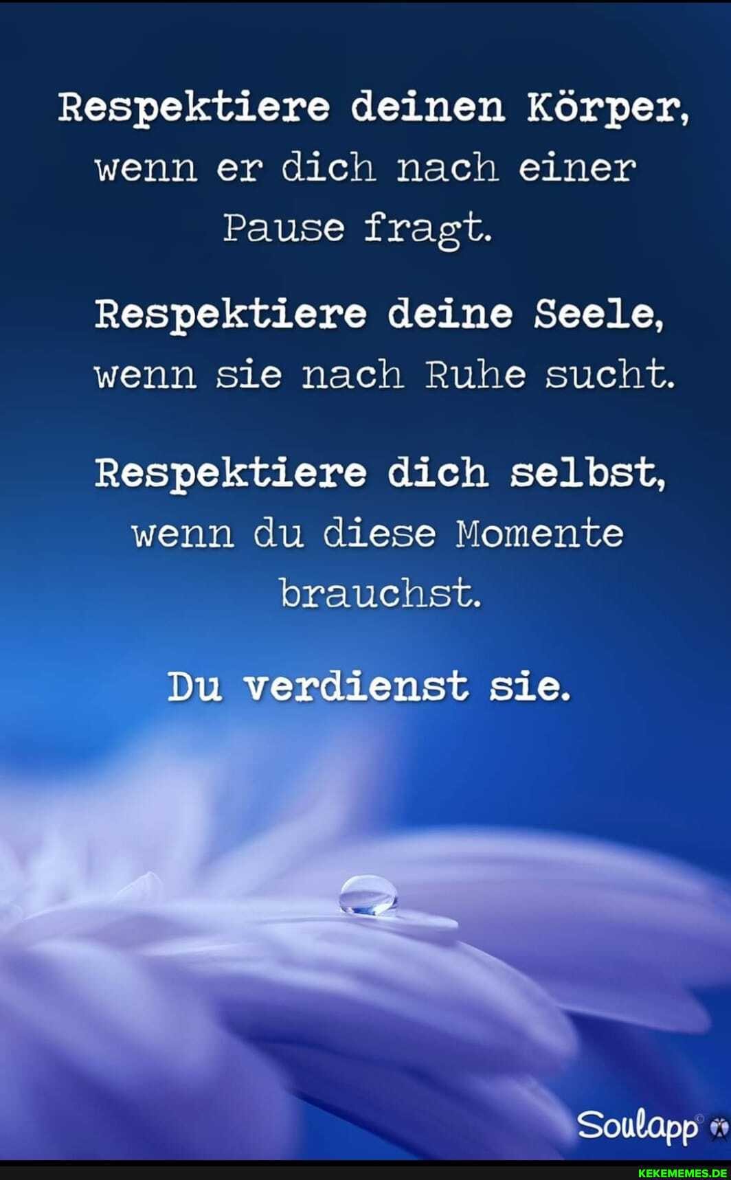 Respektiere deinen Körper, wenn er dich nach einer
Pause fragt.
Respektiere deine Seele, wenn sie nach Ruhe sucht.
Respektiere dich selbst, wenn du diese Momente brauchst.
Du verdienst sie.
Soulapp