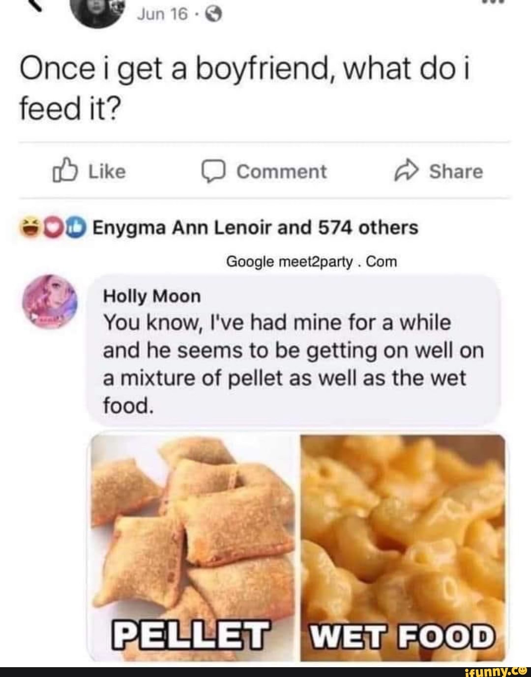 " Jun 16
Once i get a boyfriend, what do i feed it?
of) Like Comment @ Share
@ OD Enygma Ann Lenoir and 574 others
Google meet2party . Com
Holly Moon
You know, I've had mine for a while
and he seems to be getting on well on a mixture of pellet as well as the wet food.
PELLET WET FOOD