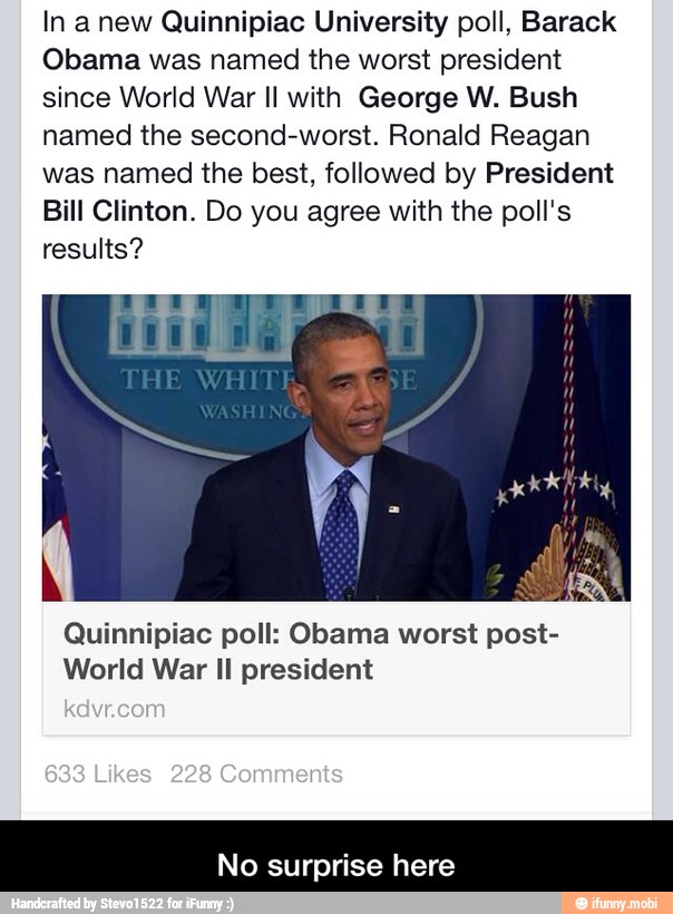 In anew Quinnipiac University poll, Barack
Obama was named the worst president
since World War Il with George W. Bush
named the second-worst. Ronald Reagan
was named the best, followed by President
Bill Clinton. Do you agree with the poll's
results?
Quinnipiac poll: Obama worst post-
World War Il president
No surprise here - No surprise here