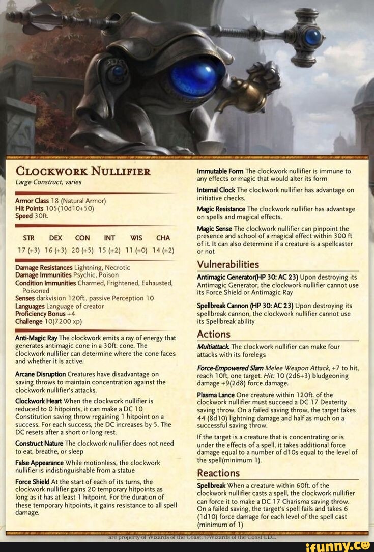 CLocKwork NULLIFIER Large Construct, varies 'Armor Class 18 (Natural