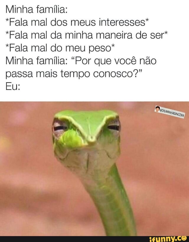 Minha família:
*Fala mal dos meus interesses"
*Fala mal da minha maneira de ser*
*Fala mal do meu peso*
Minha família: "Por que você não
passa mais tempo conosco?"