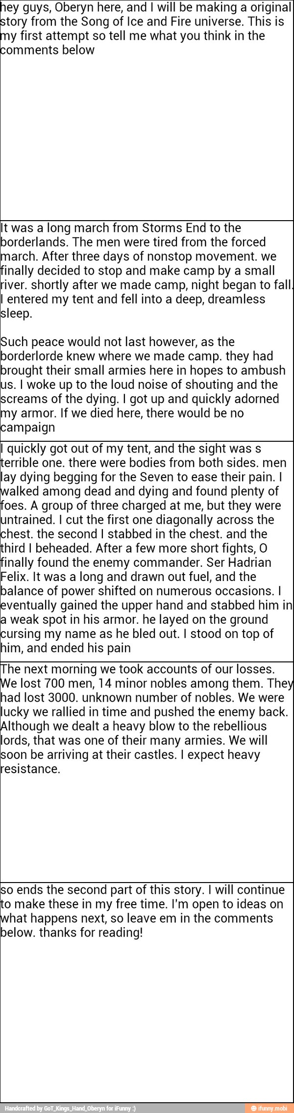 hey guys, Oberyn here, and I will be making a original
story from the Song of Ice and Fire universe. This is
my first attempt so tell me what you think in the
comments below
It was a long march from Storms End to the
borderlands. The men were tired from the forced
march. After three days of nonstop movement. we
finally decided to stop and make camp by a small
river. shortly after we made camp, night began to fall
I entered my tent and fell into a deep, dreamless
sleep.
Such peace would not last however, as the
borderlorde knew where we made camp. they had
brought their small armies here in hopes to ambush
us. I woke up to the loud noise of shouting and the
screams of the dying. I got up and quickly adorned
my armor. If we died here, there would be no
campaign
I quickly got out of my tent, and the sight was s
terrible one. there were bodies from both sides. men
ay dying begging for the Seven to ease their pain. I
alked among dead and dying and found plenty of
foes. A group of three charged at me, but they were
untrained. I cut the first one diagonally across the
chest. the second I stabbed in the chest. and the
third I beheaded. After a few more short fights, O
inally found the enemy commander. Ser Hadrian
Felix. It was a long and drawn out fuel, and the
balance of shifted occasions. I