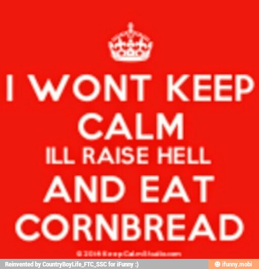 I WONT KEEP
CALM
ILL RAISE HELL
AND EAT
CORNBREAD
Circa