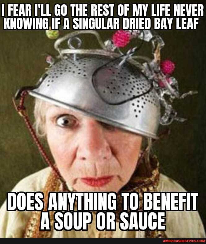 FEAR I'LL GO THE REST OF MY LIFE NEVER KNOWING IF A SINGULAR DRIED BAY LEAF
ANYTHING TO BENEFIT SOUP OR SAUCE