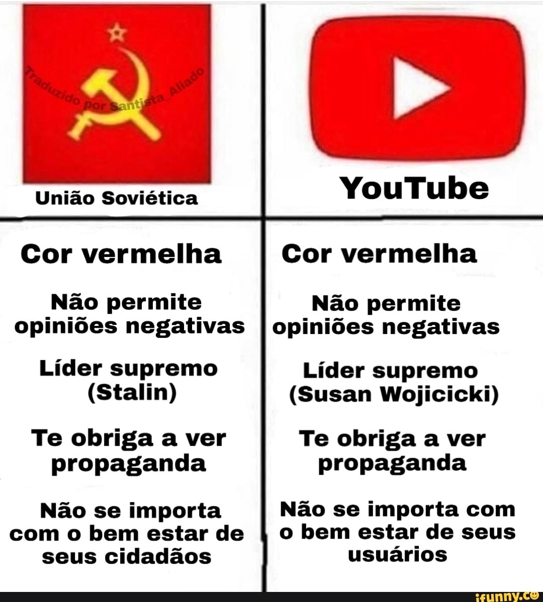 União Soviética YouTu be
Cor vermelha Cor vermelha
Não permite Não permite opiniões negativas I opiniões negativas
Líder supremo Líder supremo
(Stalin) (Susan Wojicicki)
Te obriga a ver Te obriga a ver propaganda propaganda
Não se importa Não se importa com
com o bem estar de I o bem estar de seus seus cidadãos usuários