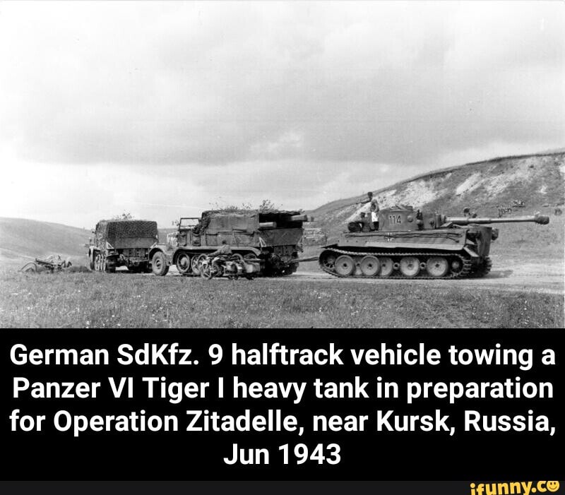 German SdKfz. 9 halftrack vehicle towing a Panzer VI Tiger I heavy tank ...