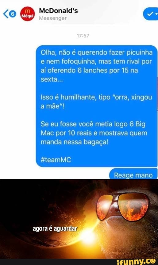 Olha, não é querendo fazer picuinha
e nem fofoquinha, mas tem rival por
aí oferendo 6 lanches por 15 na
Isso é humilhante, tipo "orra, xingou I
Se eu fosse você metia logo 6 Big
Mac por 10 reais e mostrava quem
manda nessa bagaça!
Reage