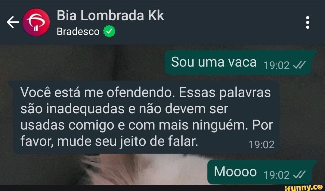Bia Lombrada Kk
Bradesco
Sou uma vaca 1902
Você está me ofendendo. Essas palavras são inadequadas e não devem ser
usadas comigo e com mais ninguém. Por favor, mude seu jeito de falar.
0000