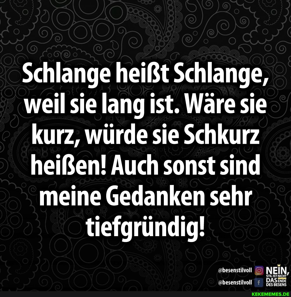 Schlange heißt Schlange, weil sie lang ist. Wäre sie kurz, würde sie Schkurz heißen! Auch sonst sind meine Gedanken sehr tiefgründig!
NEIN,
'ebesenstilvoll DAS: