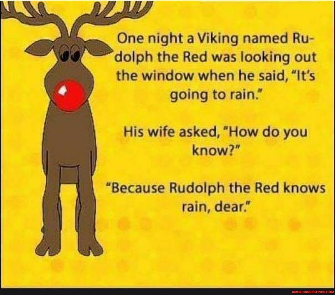One night a Viking named Ru-
dolph the Red was looking out
the window when he said, "It's going to rain."
His wife asked, "How do you know?"
"Because Rudolph the Red knows rain, dear."