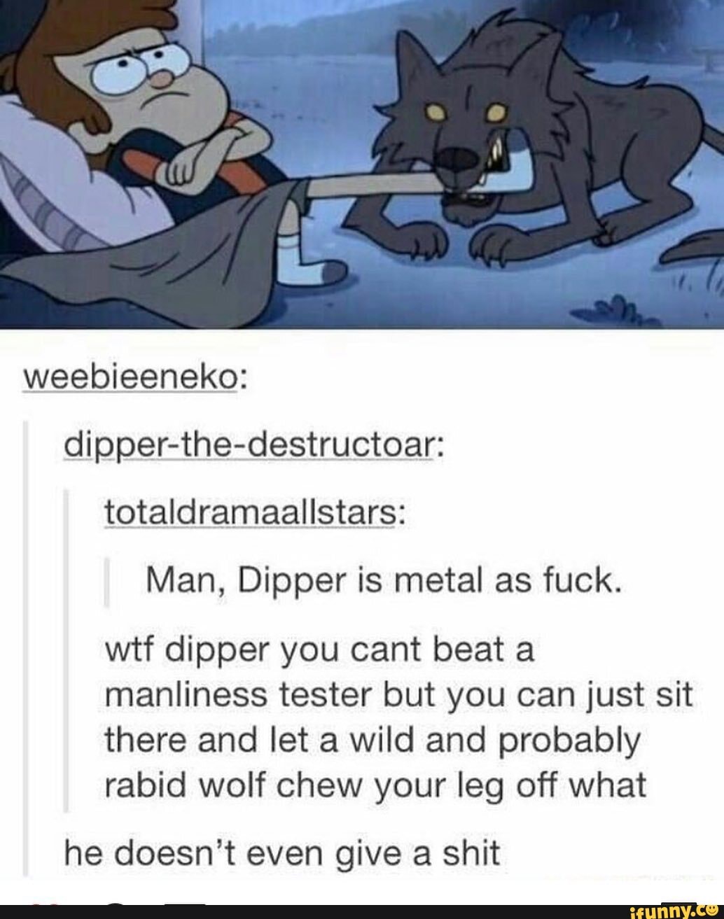 weebieeneko:
dipper-the-destructoar: totaldramaallstars:
Man, Dipper is metal as fuck.
wtf dipper you cant beat a manliness tester but you can just sit there and let a wild and probably rabid wolf chew your leg off what
he doesn't even give a shit