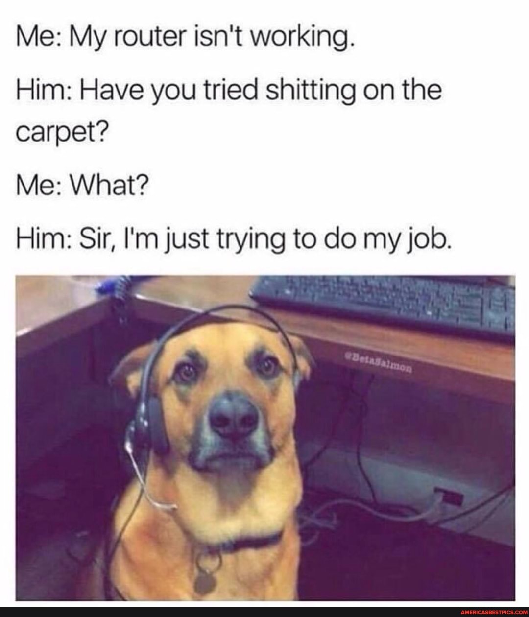 Me: My router isn't working.
Him: Have you tried shitting on the
carpet?
Me: What?
Him: Sir, I'm just trying to do my job.