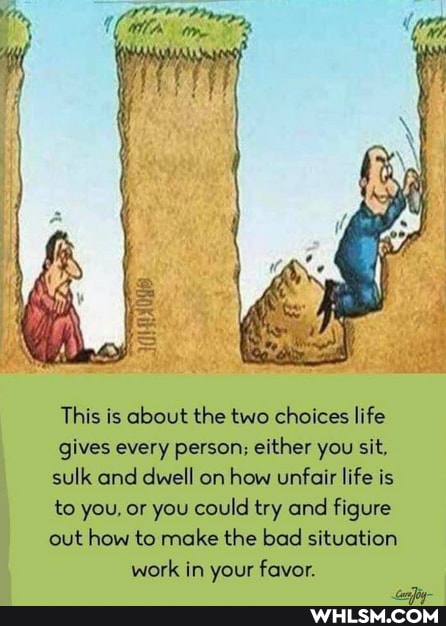 This is about the two choices life gives every person; either you sit, sulk and dwell on how unfair life is to you, or you could try and figure out how to make the bad situation work in your favor.