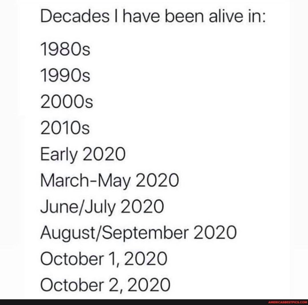 Decades I have been alive in:
1990s
2010s
Early 2020
2020
2020
October 2, 2020