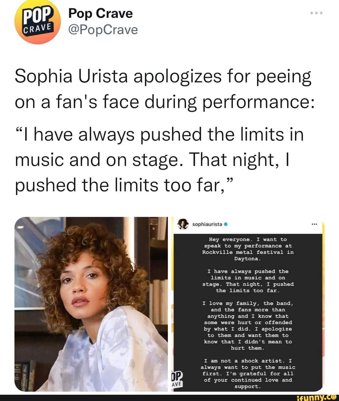 Pop Grave cravEI @PopCrave Sophia Urista apologizes for peeing on fan's ...