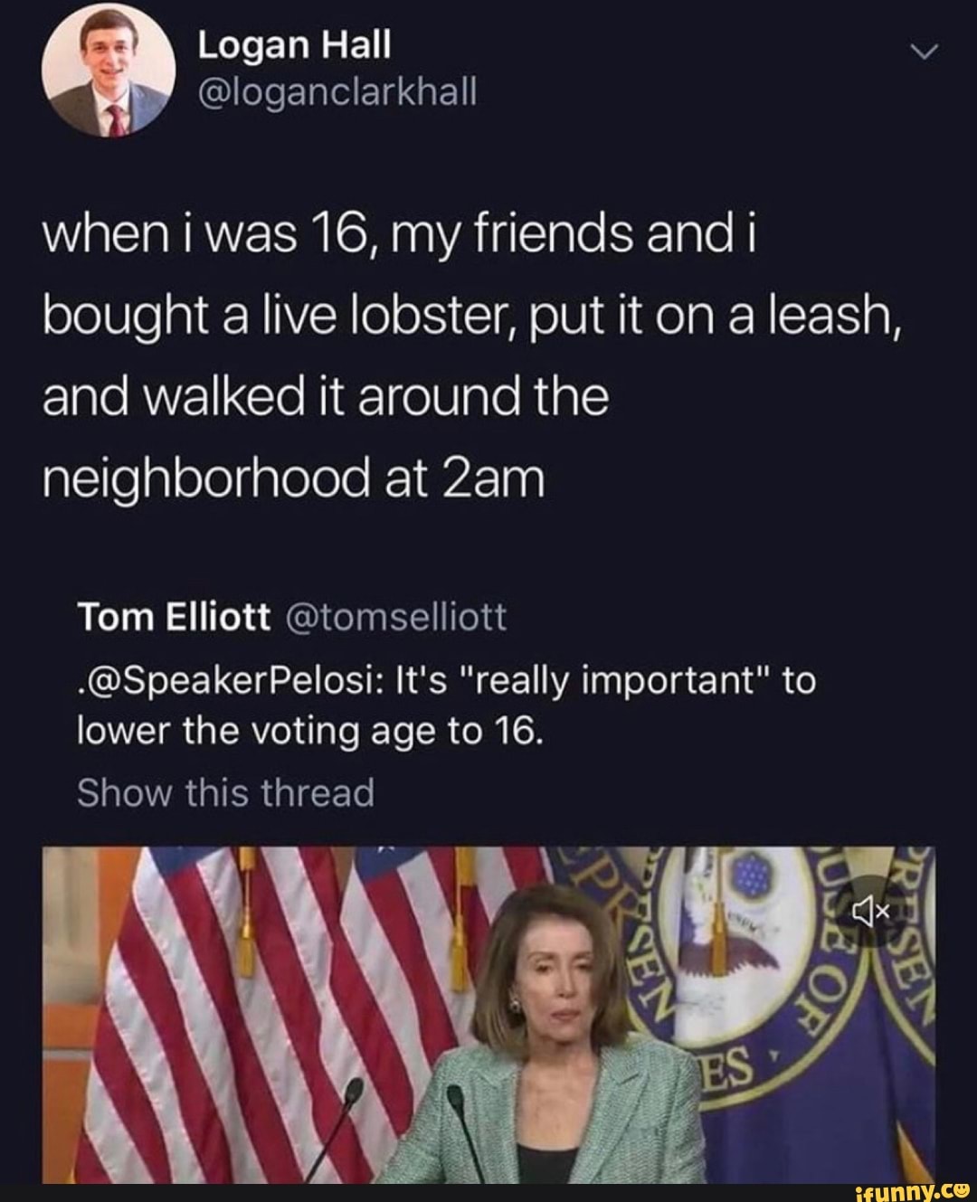 when i was 16, my friends and i
bought a live lobster, put it on a leash,
and walked it around the
neighborhood at 2am
Tom Elliott @tomselliott
.@SpeakerPelosi: It's "really important" to
lower the voting age to 16.
Show this thread