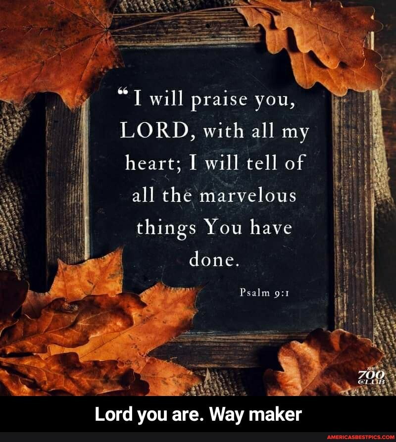 "T will praise you,
LORD, with all my heart; I will tell of
all the marvelous
things You have done.
Psalm
Lord you are. Way maker - Lord you are. Way maker