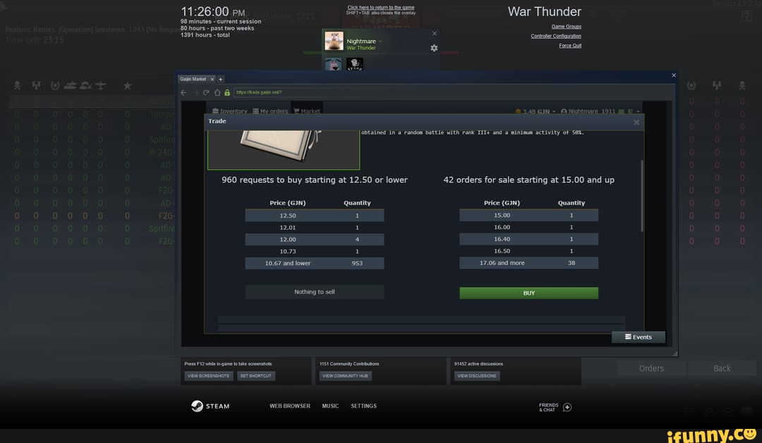 War Thunder 98 Minutes Current Session 80 Hours Past Two Weeks Game Groups 1391 Hours Total