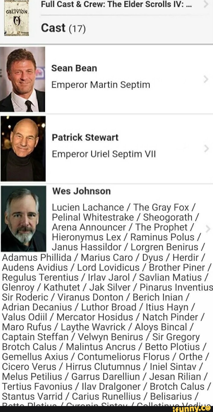 Full Cast & Crew The Elder Scrolls IV OBLIVION, Cast (17) Sean Bean